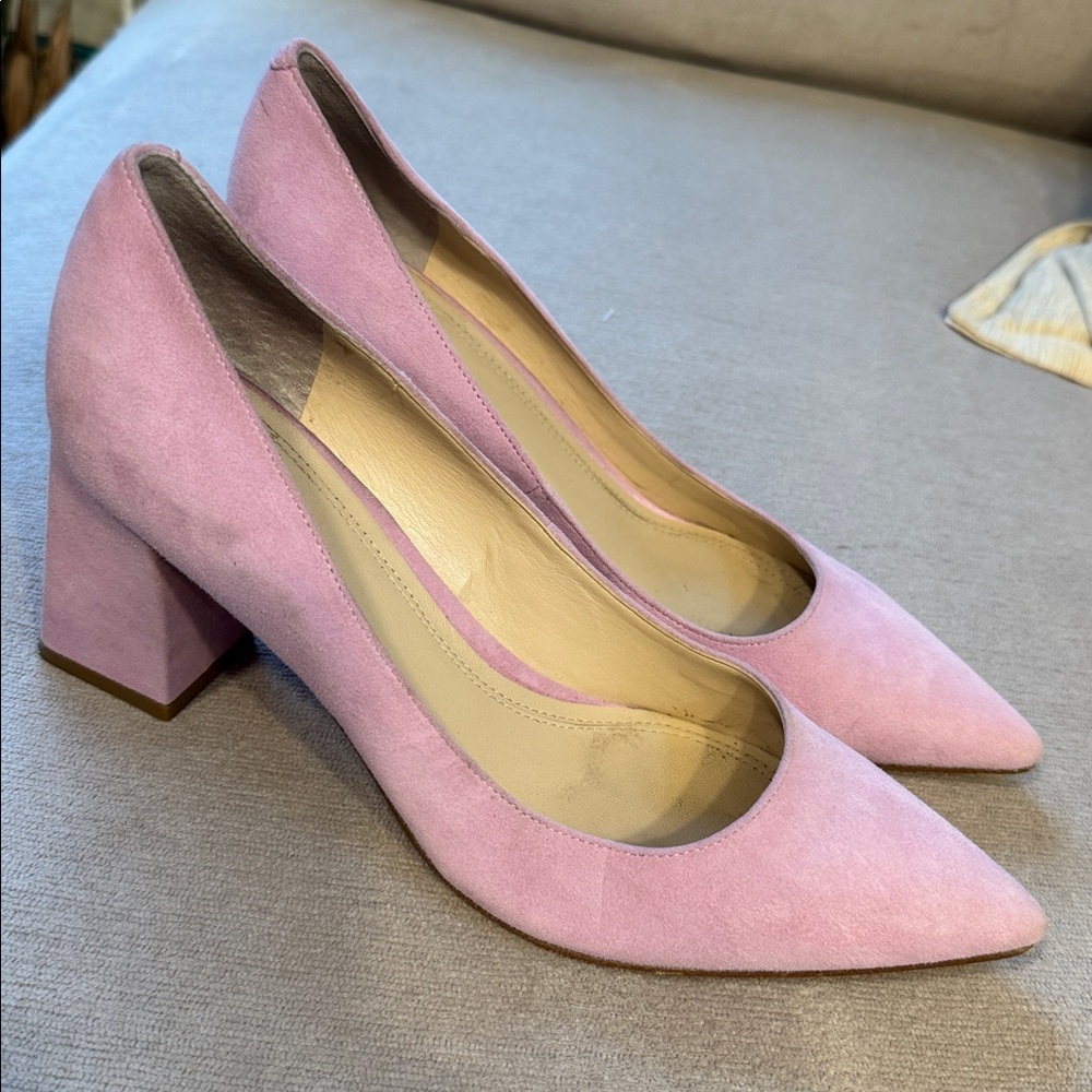 Zala Pointed Block Heel Pumps in Pink Suede